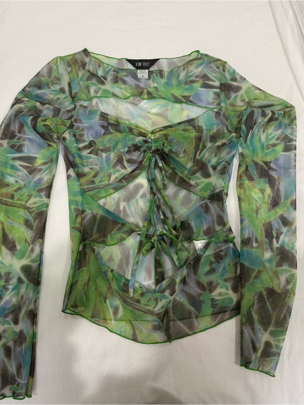 Kim Shui Green Leaf Tie-Front Sheer Long Sleeve Top